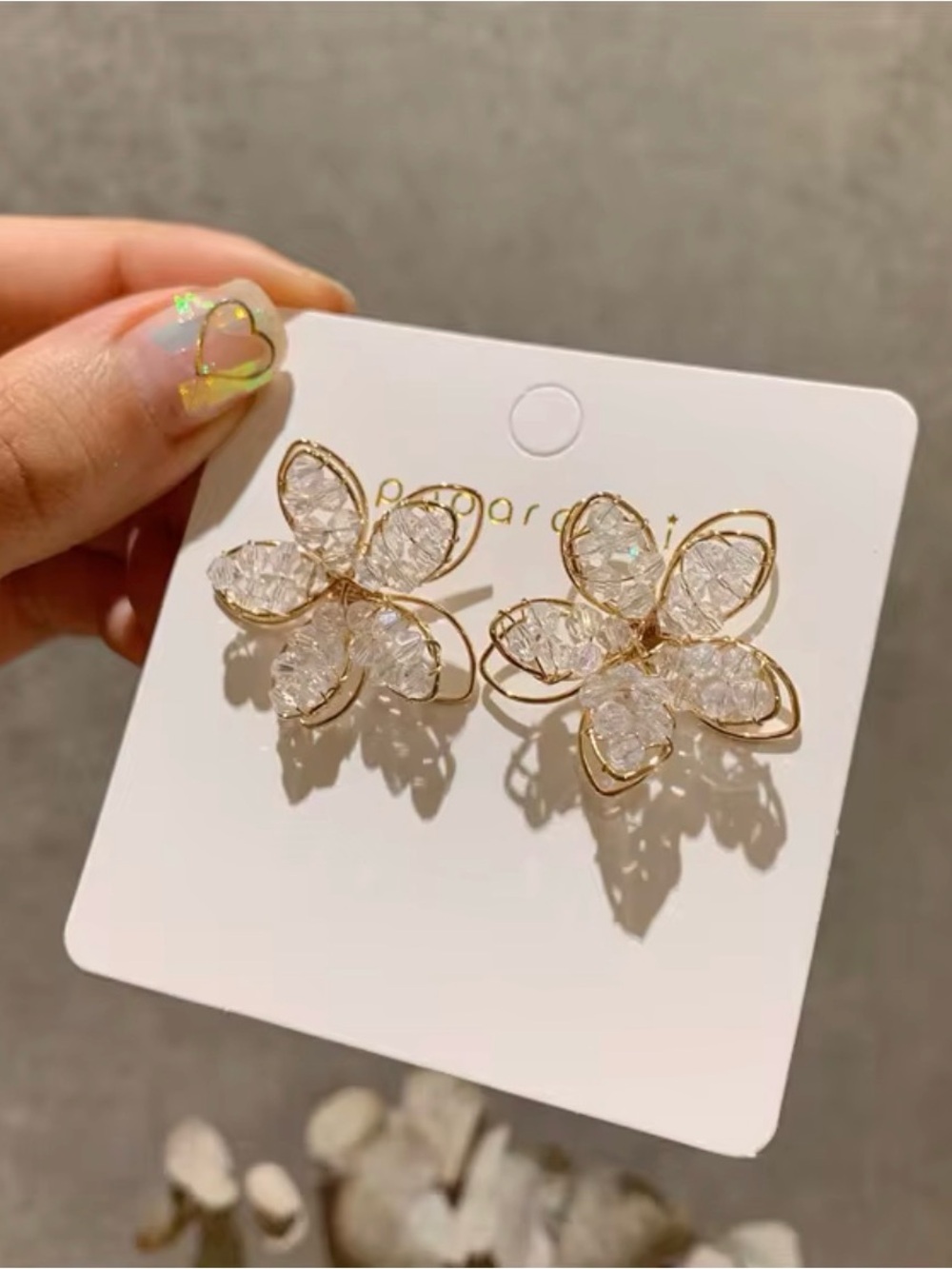 Gold Floral Crystal Petal Earrings - Clear/Gold